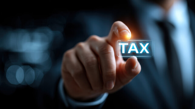 Businessman Pressing Holographic Tax Button on Transparent Digital Screen