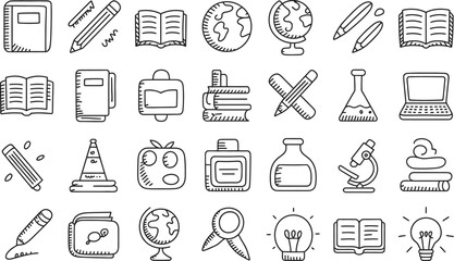 Hand drawn school supplies and education icons collection