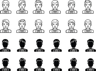 A set of male avatar icons in outline and solid styles, featuring professional business portraits with suits and ties. Ideal for corporate profiles, HR dashboards, websites, and business presentations