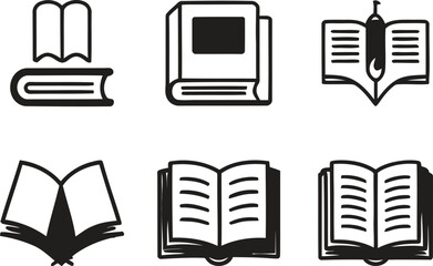 Collection of six simple black and white book icons representing reading and knowledge