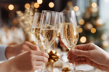 Celebration and Toast with Champagne and Bokeh Lights