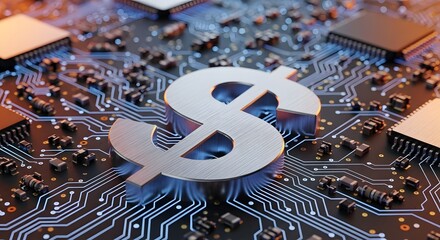 Conceptual image of a metallic dollar sign resting on a detailed computer circuit board, symbolizing the digital economy and fintech innovation
