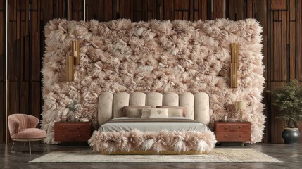 Luxurious bedroom design with textured wall modern home interior decor cozy atmosphere wide angle comfort concept