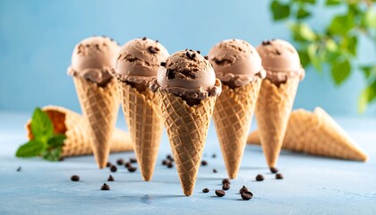 Row of chocolate ice cream cones on blue tabletop!