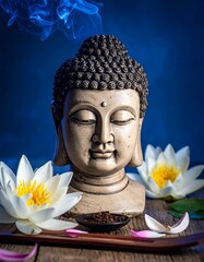 Serene Buddha statue with closed eyes, flanked by white lotus flowers