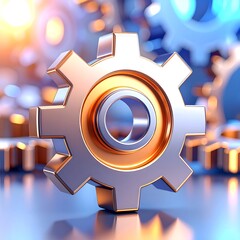 Shiny metal gear on a reflective, blurred background