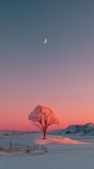 Minimalist winter snow landscape with pink sky and snow covered field, distant trees and small moon, soft pastel colors, peaceful serene atmosphere, wide perspective