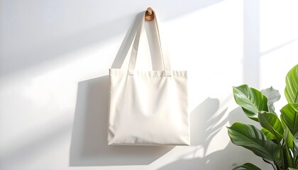 Stylish reusable tote bag hanging on wall with modern hook and plant accent nearby