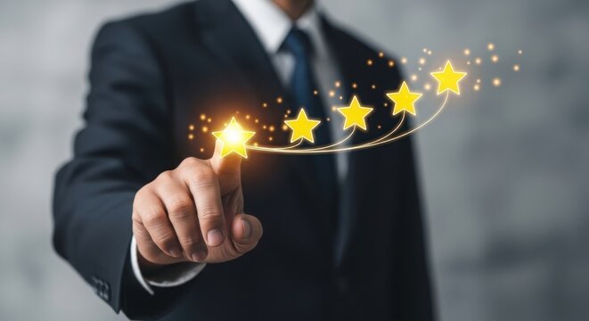 Customer satisfaction hand touching a fivestar rating on a digital interface