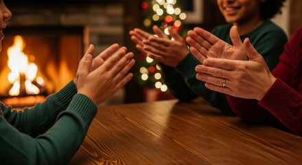 Family carol singing by fireplace with warm holiday cheer and children clapping around wooden table celebrating christmas in cozy living room