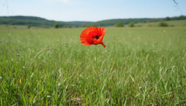 Single red poppy flower standing out in a vast green wheat field under a clear sky.