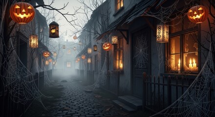 A spooky, foggy cobblestone street decorated for Halloween with glowing jack-o'-lanterns and spiderwebs.