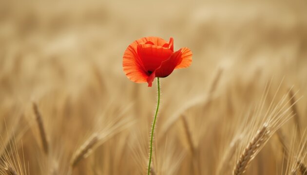 Single Red Poppy Flower Standing Tall in a Golden Wheat Field.