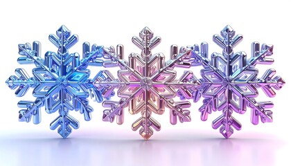 Three stylized, iridescent snowflakes, rendered against a white background