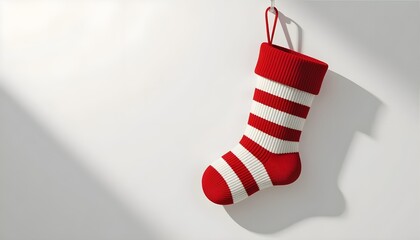 Festive red and white striped Christmas stocking hanging against a clean white wall, perfect for holiday promotions and seasonal campaigns, cozy vibes