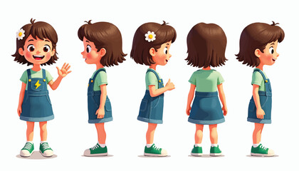 Cartoon girl character turn around sheet vector illustration