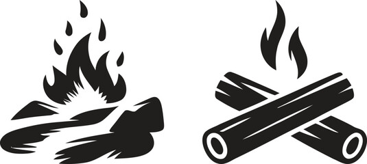 Two stylized black and white illustrations of campfires