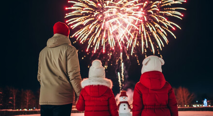 Family watching fireworks christmas new year celebration at night with snowy park and snowman