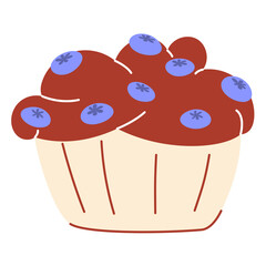 Simple cartoon illustration of a blueberry muffin with chocolate frosting and a cream colored wrapper on a transparent background