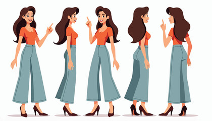 Cartoon woman character in multiple poses illustration