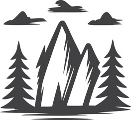 Rustic mountain landscape with pine trees and clouds in a brushstroke style