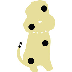 Simple cartoon illustration of a light yellow dog with black spots and a striped tail on a transparent background