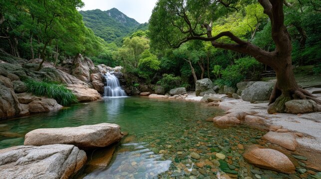 Lush Green Tropical Forest With A Small Waterfall Cascading Into A Crystal Clear Emerald Pool Surrounded By Rocky Shoreline And Lush Vegetation Under Bright Daylight