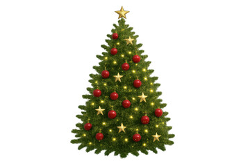Fototapeta premium Christmas tree featuring festive decorations like warm string lights, red ornaments, and gold stars, bringing holiday joy