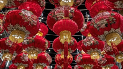 Naklejka premium Vibrant lantern festival celebration urban setting decorative lighting cultural event aerial view tradition and festivity