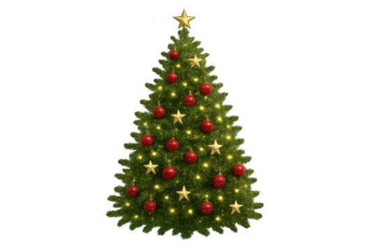 Christmas tree featuring festive decorations like warm string lights, red ornaments, and gold stars, bringing holiday joy
