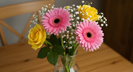 Obraz premium Vibrant Bouquet — Pink Gerbera and Yellow Roses