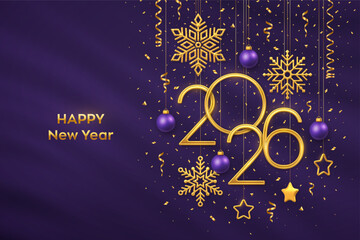 Happy New Year 2026. Hanging Golden metallic numbers 2026 with shining snowflakes, 3D metallic stars, balls and confetti on purple background. New Year greeting card or banner template. Vector.