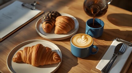 A delightful morning breakfast spread featuring freshly baked croissants, a cappuccino with latte art, and black coffee on a wooden table