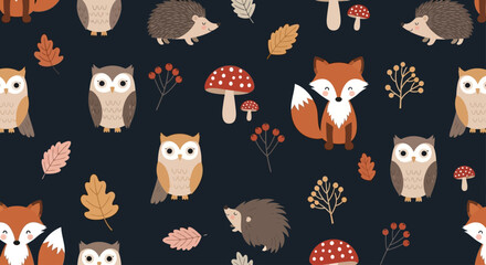 Cute Woodland Animals Autumn Seamless Pattern - Fox Owl Hedgehog Fall Leaves Mushroom Fabric Design