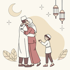 A muslim family embraces warmly under a crescent moon and festive lanterns celebrating a joyous occasion like eid or ramadan with their young son looking on with happiness and anticipation
