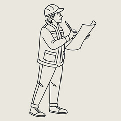 A smiling construction worker wearing a hard hat and safety vest holds a blueprint and pen contemplating a project plan on a plain background