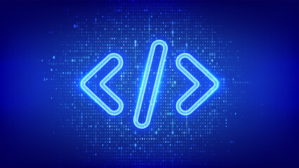 Programming code icon made of binary code. Source code. Coding brackets symbolizing software engineering, coding, or hacking. Digital code background with 0s and 1s. Vector illustration.