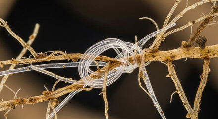 Transparent plastic fiber entangled with plant root and soil showing micro debris pollution in closeup highlighting environmental impact and fragile texture