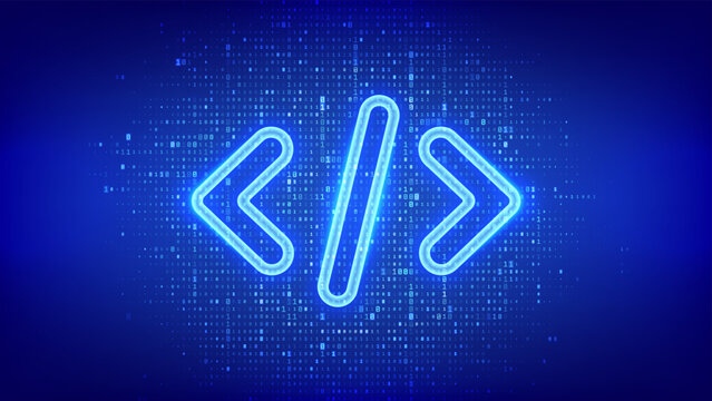 Programming code icon made of binary code. Source code. Coding brackets symbolizing software engineering, coding, or hacking. Digital code background with 0s and 1s. Vector illustration.