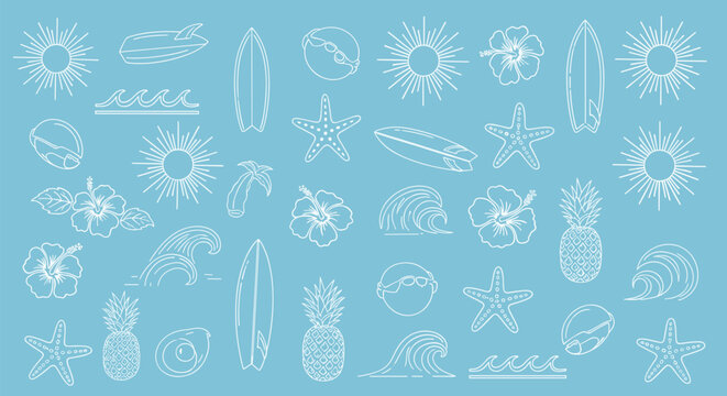 Seamless summer beach vacation pattern with line art icons on a light blue background.