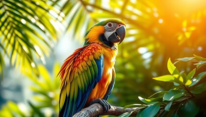 Obraz premium Vibrant blue-and-gold macaw perched on lush tropical foliage, sunlit, blue, rainforest