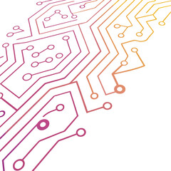 Abstract digital circuit board pattern with a gradient of purple to orange lines and circles on a white background representing technology and connectivity