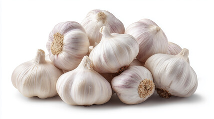 Fresh garlic bulbs stacked together on a clean white background