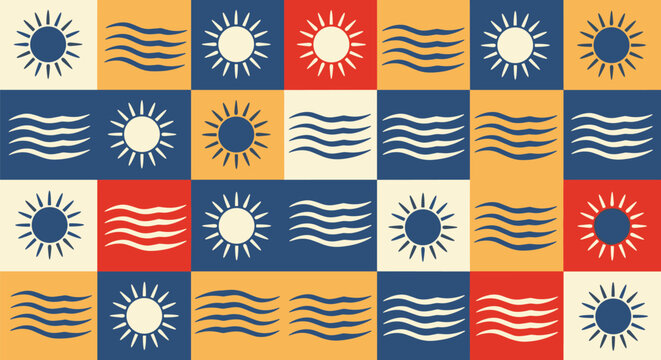 Vibrant graphic pattern featuring alternating sun and wave symbols on a colorful checkerboard grid with warm and cool tones, evoking a summer theme.