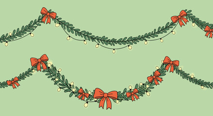 Hand-drawn illustration of festive Christmas garlands with green foliage, glowing lights, and red bows on a pale green background.