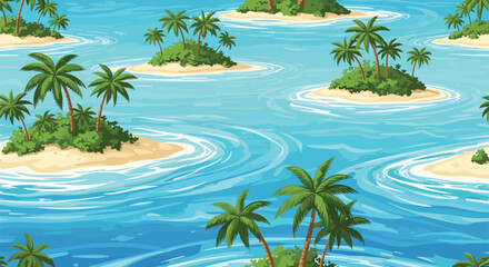 Seamless cartoon pattern of tropical islands with palm trees and sandy beaches amidst swirling blue ocean currents.