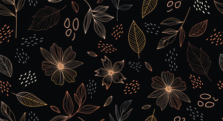 Elegant seamless pattern with delicate outlines of flowers and leaves in gold and pink, accented by abstract dots on a black background.