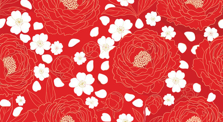 Vibrant seamless red pattern featuring elegant gold outline peony flowers, delicate white blossoms, and floating petals, ideal for festive Asian design.