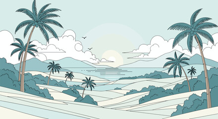 Serene tropical landscape illustration featuring palm trees, rolling hills, calm ocean, distant mountains, and a soft sun in the sky.