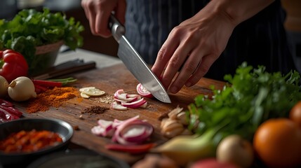 Hands chopping fresh radishes and red onions on a wooden cutting board surrounded by vibrant vegetables and spices